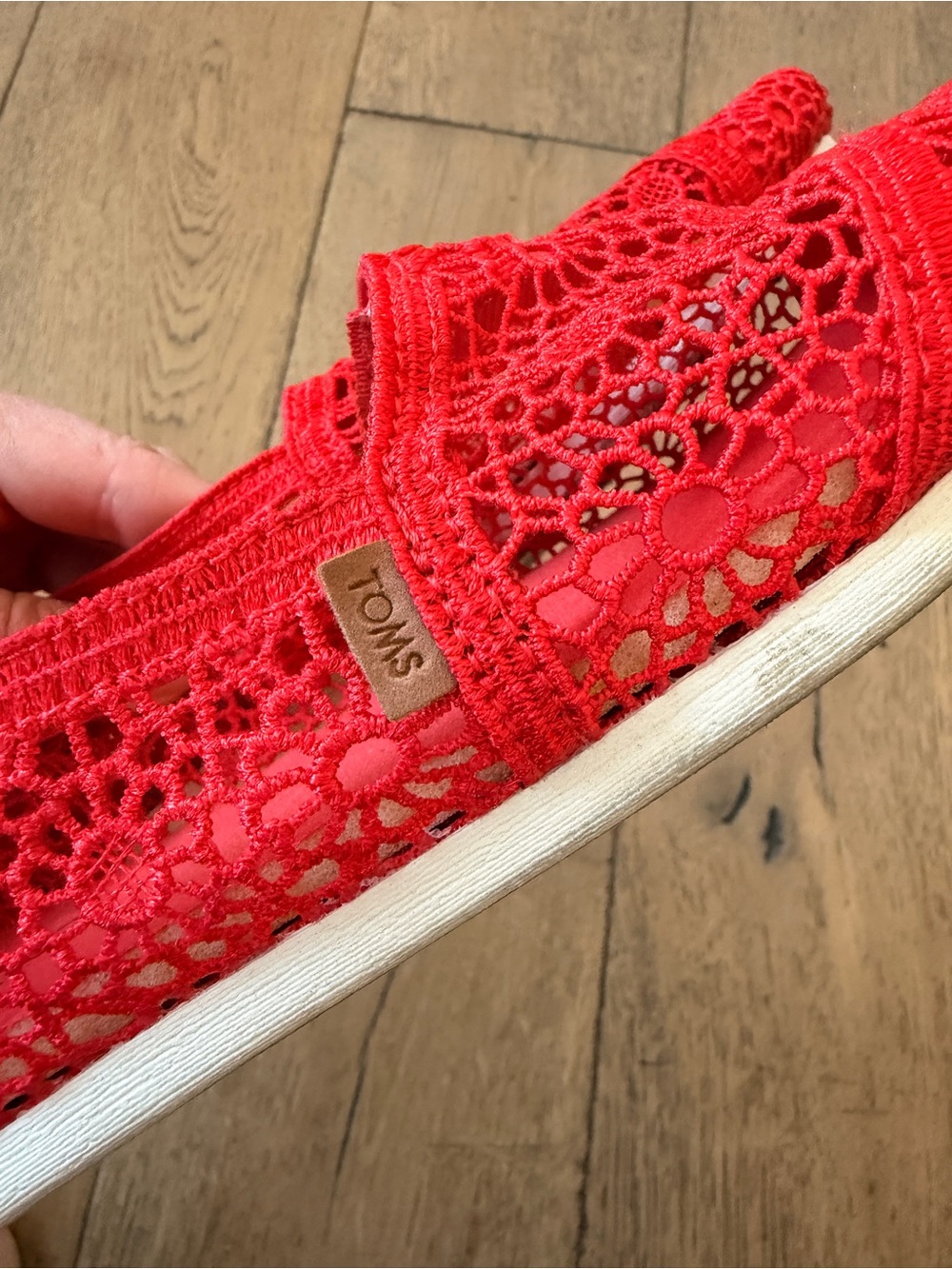 TOMS Womens Red Crochet Espadrille Slip-Ons